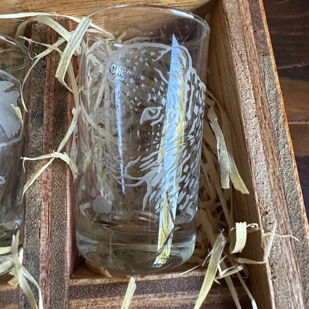 Krosno Poland Big 5 African Wildlife Etched Shot Glass Set 5pc Slatted Wood Box